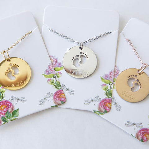 Baby Feet New Mom Necklace Personalized Gift, Mom to Be Baby Name