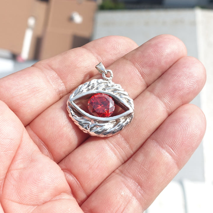Oval shaped Sterling Silver Eye Pendant with round red CZ - Minimalist