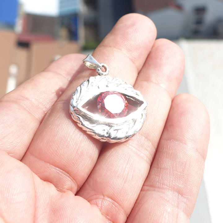 Oval shaped Sterling Silver Eye Pendant with round red CZ - Minimalist