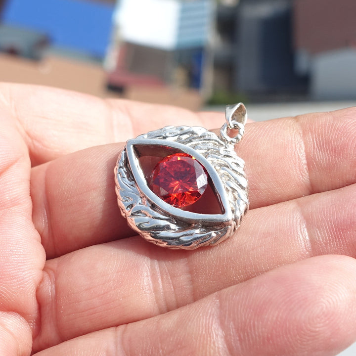 Oval shaped Sterling Silver Eye Pendant with round red CZ - Minimalist