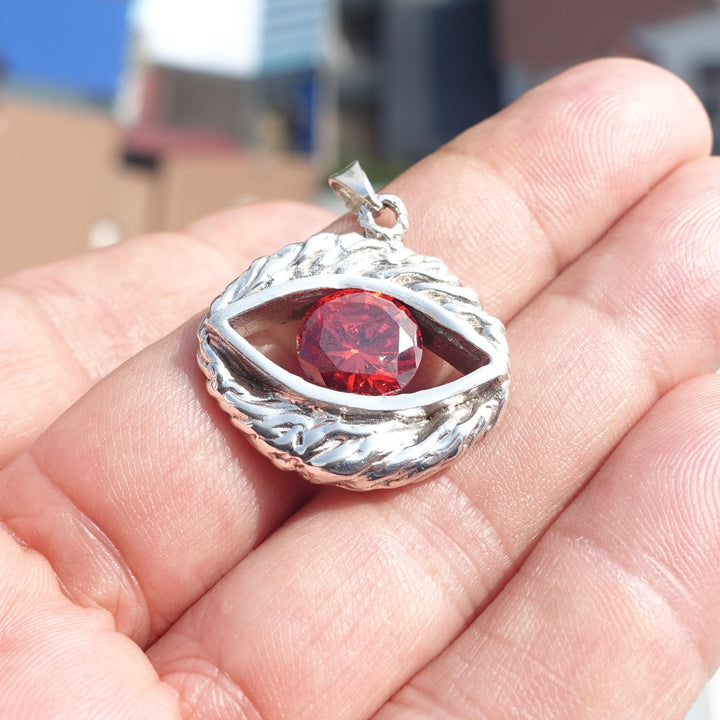 Oval shaped Sterling Silver Eye Pendant with round red CZ - Minimalist