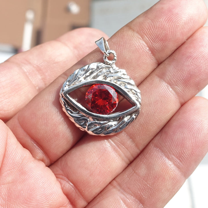 Oval shaped Sterling Silver Eye Pendant with round red CZ - Minimalist