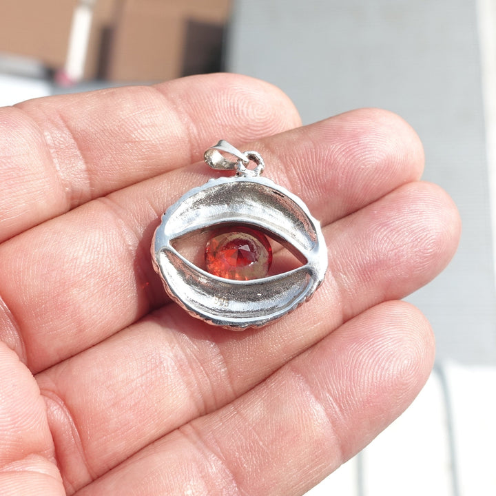 Oval shaped Sterling Silver Eye Pendant with round red CZ - Minimalist