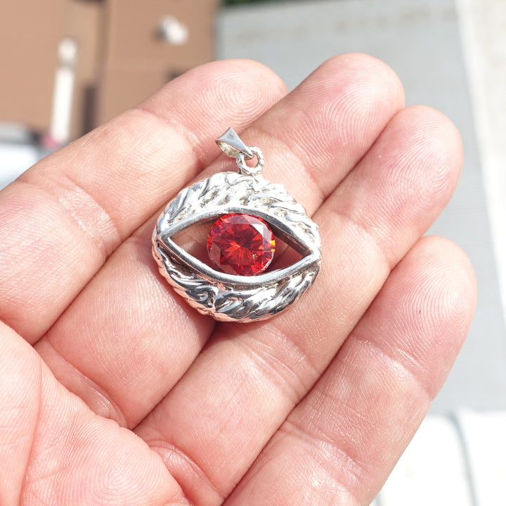 Oval shaped Sterling Silver Eye Pendant with round red CZ - Minimalist